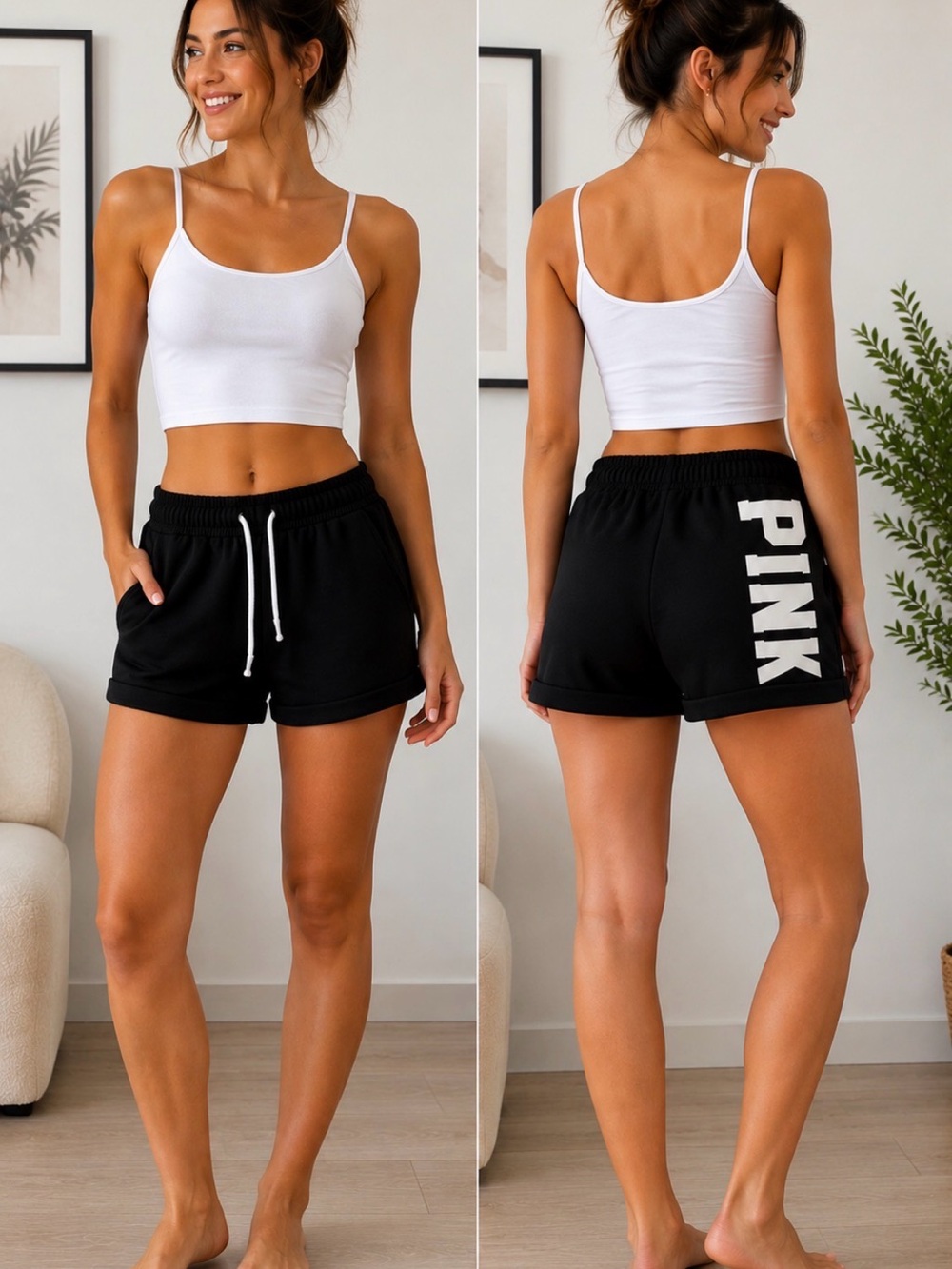 PINK Victoria's Secret Black Athletic Shorts with White Side Logo